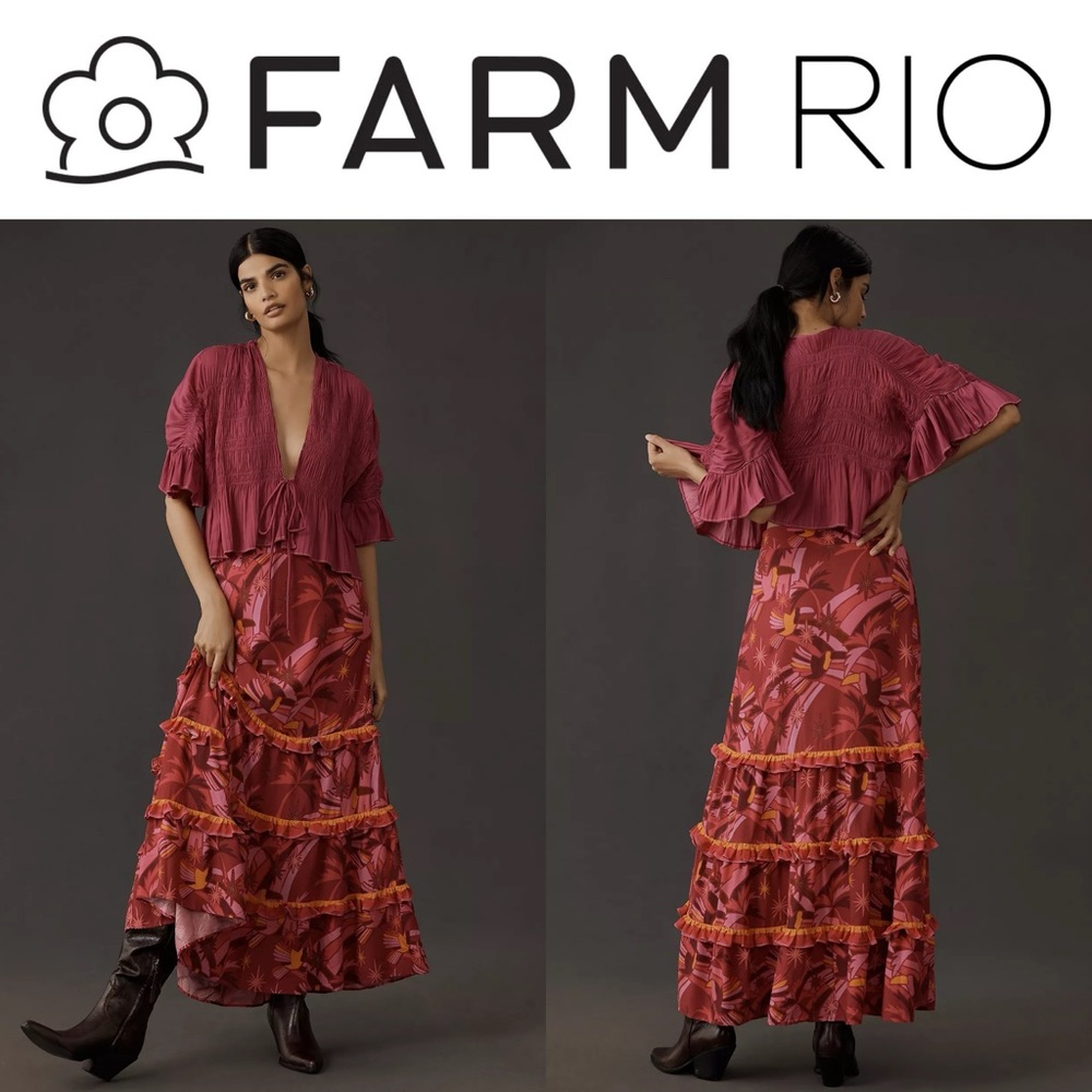 Farm Rio NWT Shirred Tiered Maxi Skirt Pink Combo Sz XS Anthropologie Garden - Picture 2 of 14
